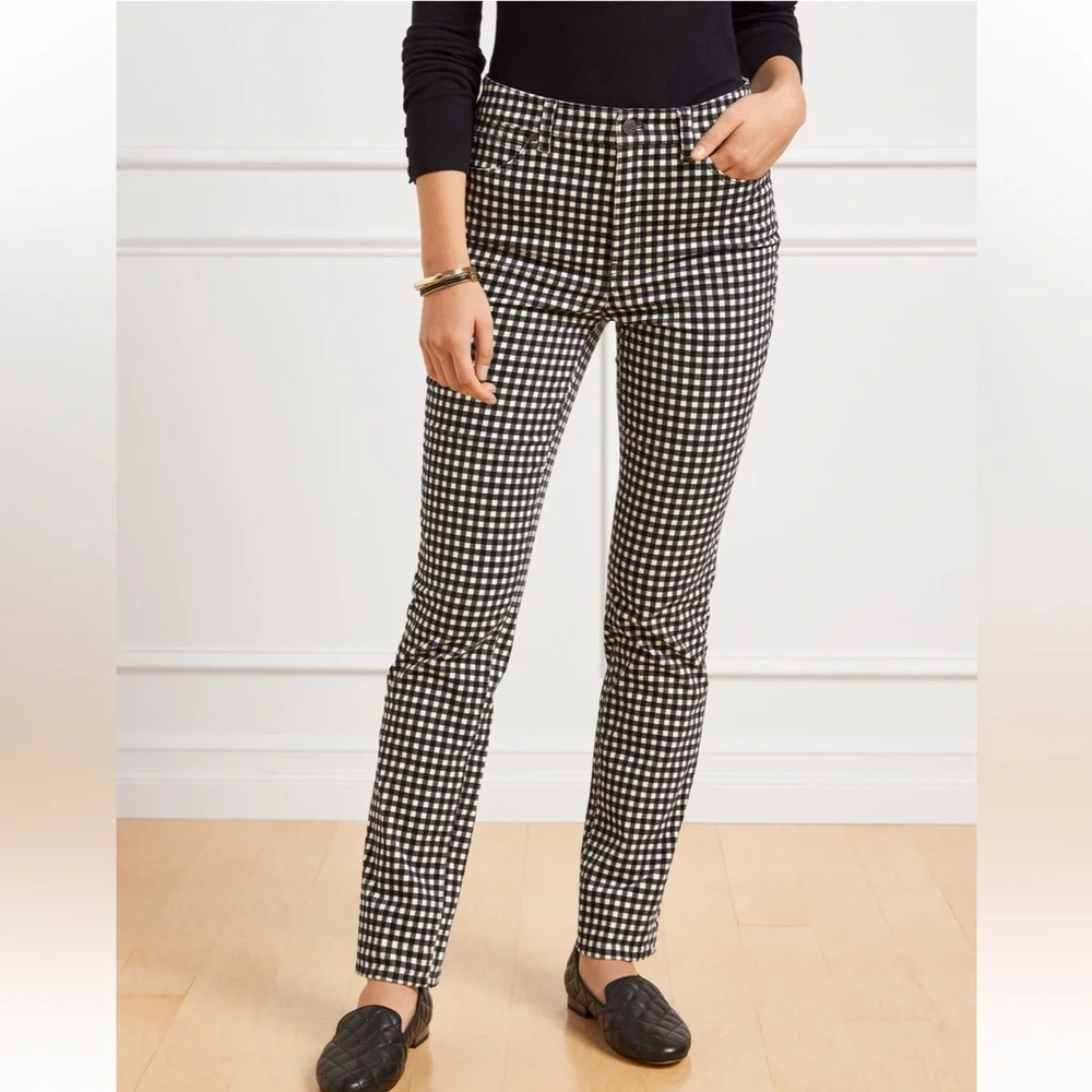 Talbots Stretch Corduroy Straight Leg Pants Buffalo Plaid Preppy Black White 6P